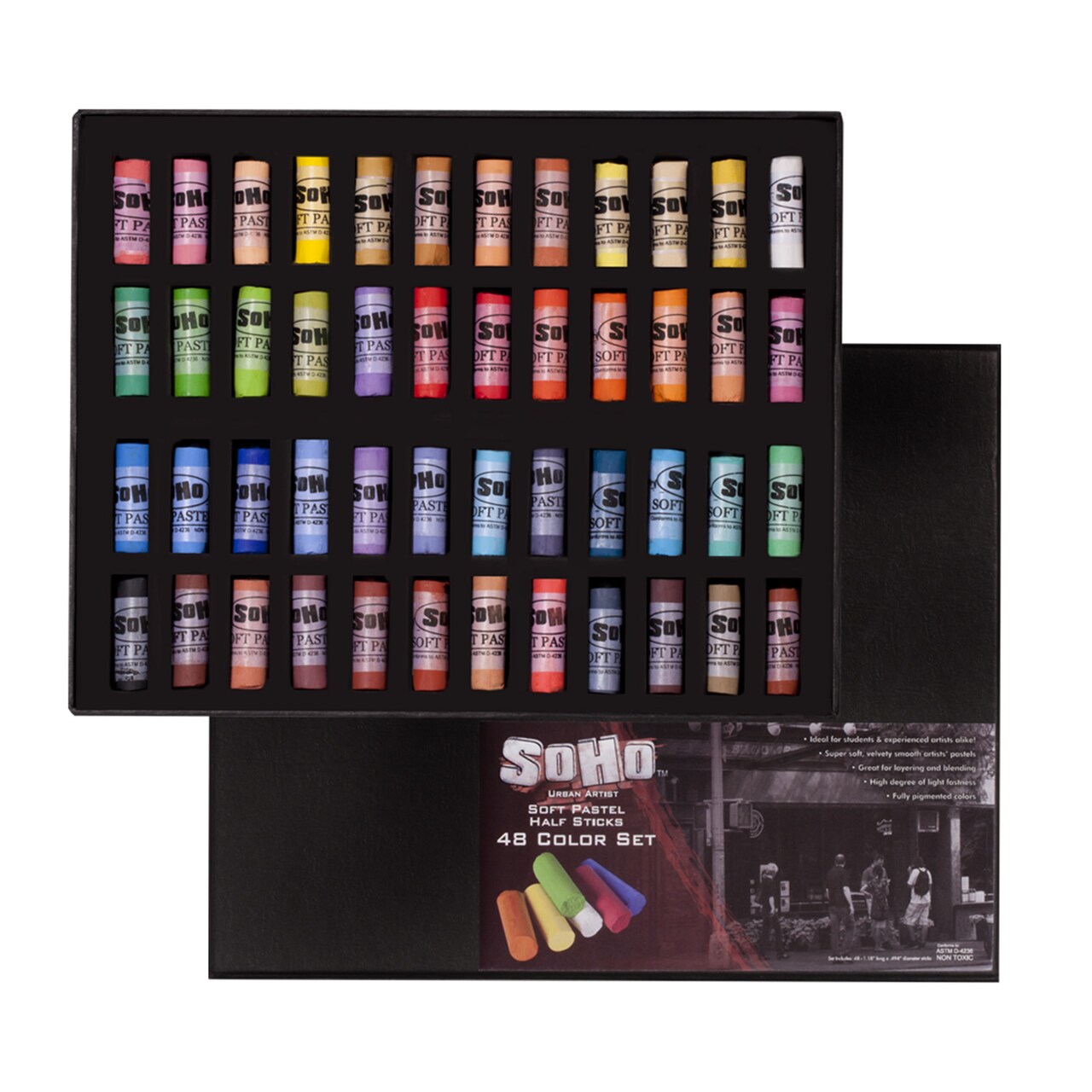 SoHo Urban Artist Soft Pastels Set of 48 Unique, Vibrant Colors - Half Stick 1.3" Long, Soft Pastels for Artists, Velvety Texture, Lightfast, Perfect for Layering & Blending